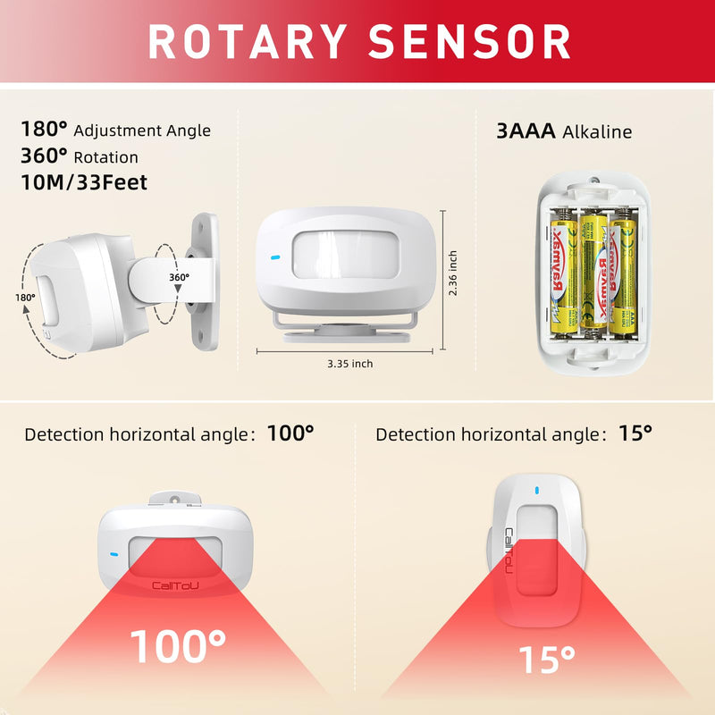 CallToU Wireless Motion Sensor Alarm Indoor Motion Detector Alarm Bed Alarms for Elderly Dementia Patients, Motion Sensor Door Chime for Business/Home/Office/Store with 500FT Range 5 Adjustable Volume WHITE 2+2
