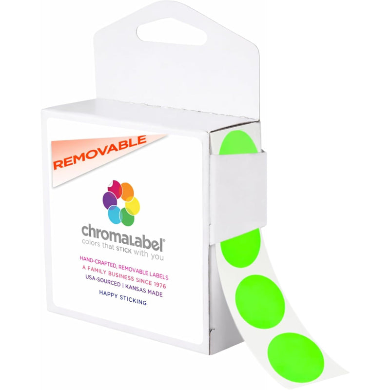 ChromaLabel 1 Inch Fluorescent Green Dot Stickers, Removable Round Color Coding Labels, 1,000 Green Circle Stickers in Dispenser Box for Inventory, Classroom, Office 1"