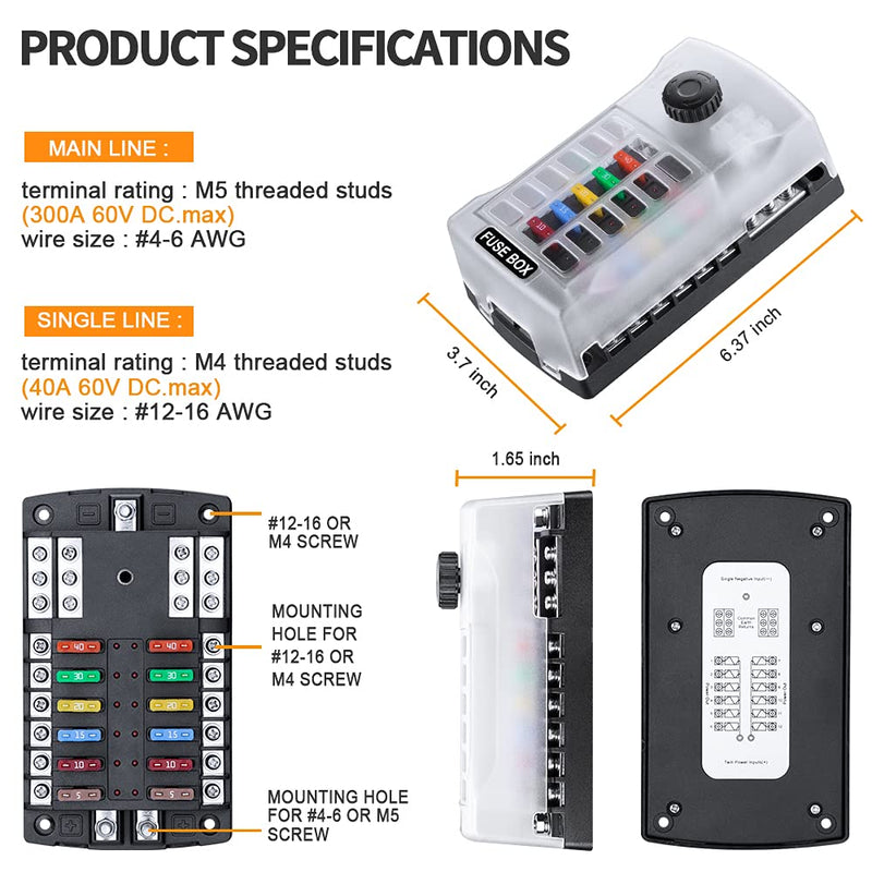 [Australia - AusPower] - Upgraded 300A 12 Way Blade Fuse Block Fuse Box with 2 Positive Power Inputs Negative Bus, ELECTOP 12 Circuit Fuse Holder ATC/ATO Fuse Block Panel with LED Indicator for 12V/24V Car Truck Boat Marine Upgraded 12 Way Fuse Block 