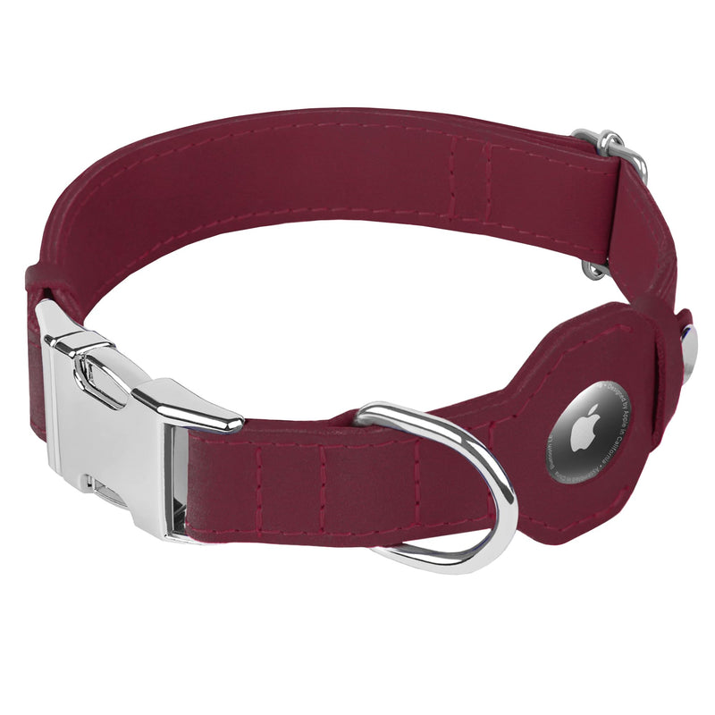 Leather Dog Collar with Airtag Holder - Soft Adjustable Airtag Dog Collar with Metal Buckle - GPS Tracking Apple Air Tag Pet Collar for Small Large Dogs (Burgundy, XL, 20"-25" Neck Fit) Burgundy