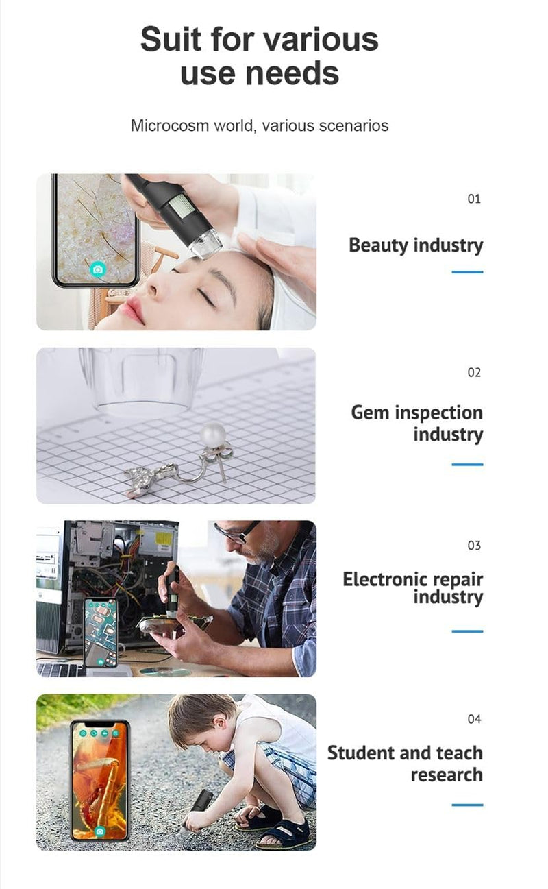 [Australia - AusPower] - USB Digital Microscope, 50x-1600x Magnification Handheld, 1440P HD 8 LED Lights, Portable Microscope Compatible with iOS and Android Devices, 2MP Portable Microscope Camera for Adults, Kids 