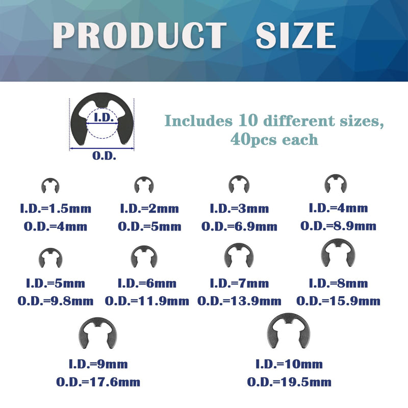 [Australia - AusPower] - 400PCS 10 Size E-Clips Assortment Kit Black Alloy Steel E Clip Circlip External Retaining Ring Washer Includes Sizes 1.5mm-10mm HE002 