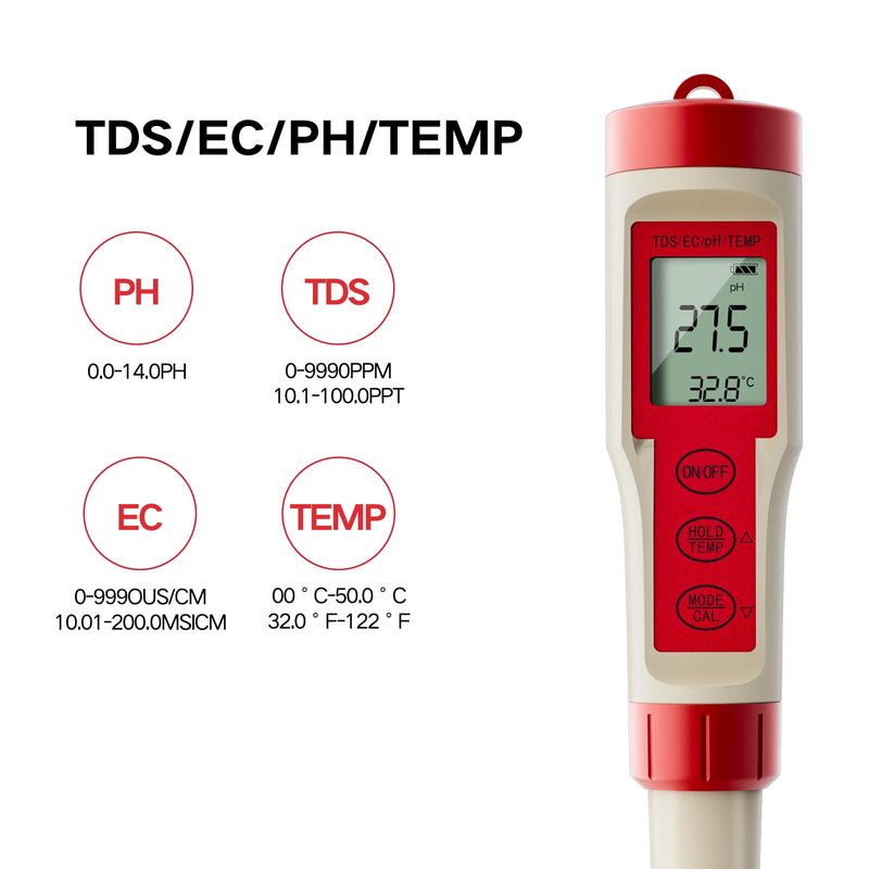 [Australia - AusPower] - ZuanXin TDS Tester, 4 in 1 Tester with PH/TDS/EC/Temp, Pool PH Tester for Drinking Water, Swimming Pools, Hot Tubs, and Spas(red and White) red 