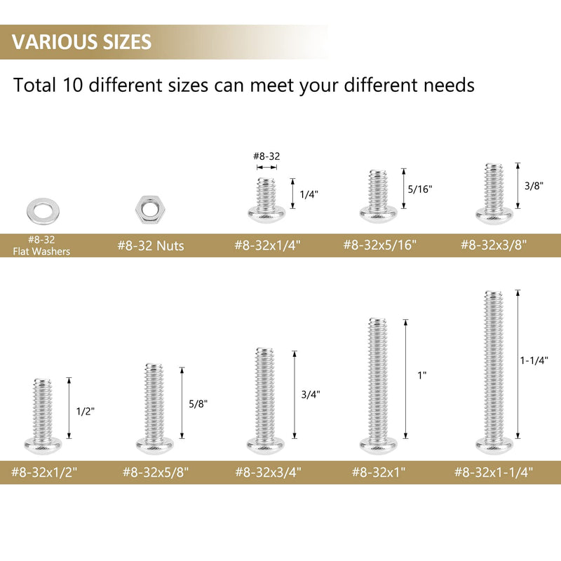 [Australia - AusPower] - 202 Pieces #8-32x 1/4", 5/16", 3/8", 1/2", 5/8", 3/4", 1", 1-1/4", Phillips Pan Head Machine Screws Nuts Washers Assortment Kit, 304 Stainless Steel, Fully Machine Thread #8-32 