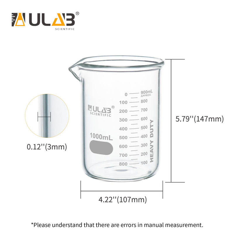 ULAB Scientific Glass Beakers, Vol. 1000ml, 3.3 Borosilicate Griffin Low Form with Printed Graduation, Pack of 2, UBG1017 Vol.1000ml,Pack of 2