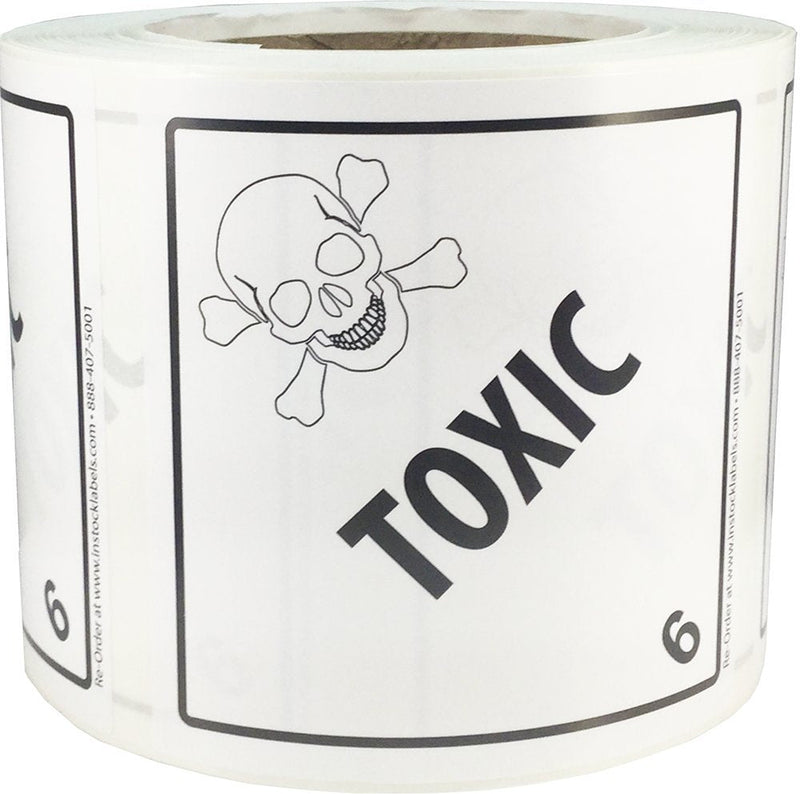 Hazard Class 6 D.O.T. Toxic Labels, 4 x 4 Inch Square Black and White Hazmat Stickers, 500 Total Adhesive Labels on a Roll for Shipping and Compliance – Made in the USA