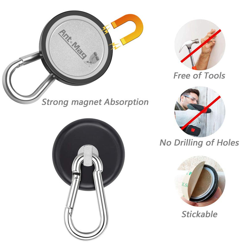 [Australia - AusPower] - Ant Mag Magnetic Hooks 140LBS Heavy Duty Neodymium Magnet with Carabiner Hook for Hanging for Kitchen Cruise Ship Refrigerator Grill Office Locker (4 Pack Black) Medium Package 4PCS 