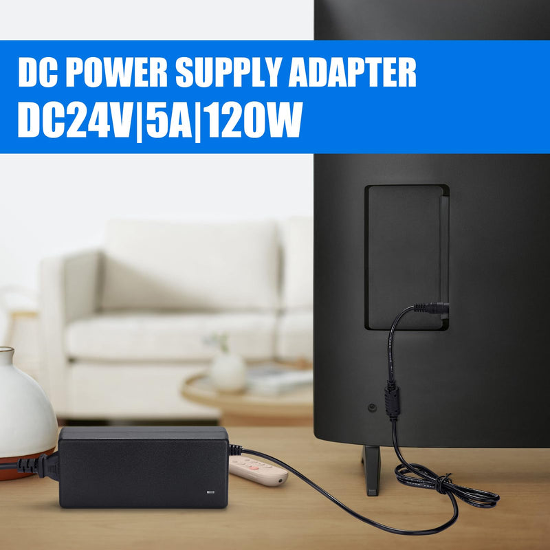 TOBWOLF DC 24V 5A Power Supply, 120W AC 100-240V Power Supply Transformers | AC 100-240V to DC 12 Volt Charger Transformer for LCD, TFT Monitor Power Supply Radio Alarm Clock, External Hard Drive