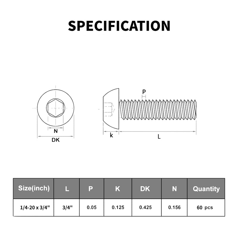 [Australia - AusPower] - 60Pcs 1/4-20 x 3/4" Button Head Socket Cap Bolts Screws,304 Stainless Steel 18-8,Black Zinc Plated,Fully Threaded,with Spanner Allen Hex Drive(VG10304) 3/4"(60 Pcs) 1/4-20 Black 