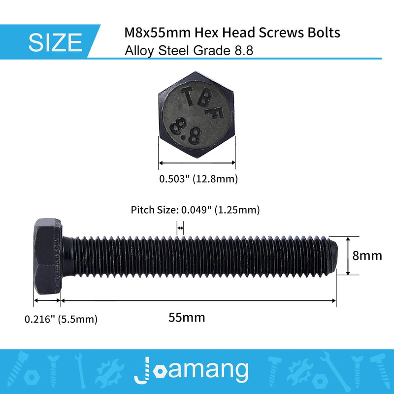 [Australia - AusPower] - M8 x 55mm 10Pcs Hex Bolts, Hexagon Head Screw, 8.8 Grade Alloy Steel, Black Oxide Finish, Metric Full Machine Thread M8 x 55 mm(10PCS) 