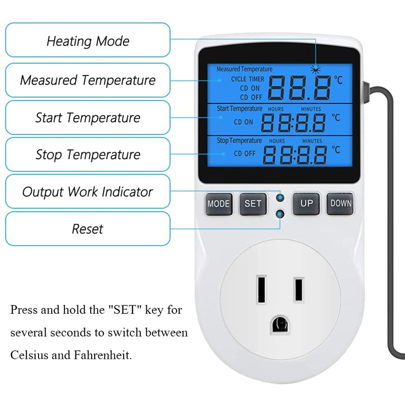[Australia - AusPower] - Backlit Digital Temperature Controller, LCD Screen Heating Cooling Thermostat Outlet Socket with Sensor Timer Regulator for Reptile Incubator Greenhouse Brewing Refrigerator, 110V, 15A, ?/? 