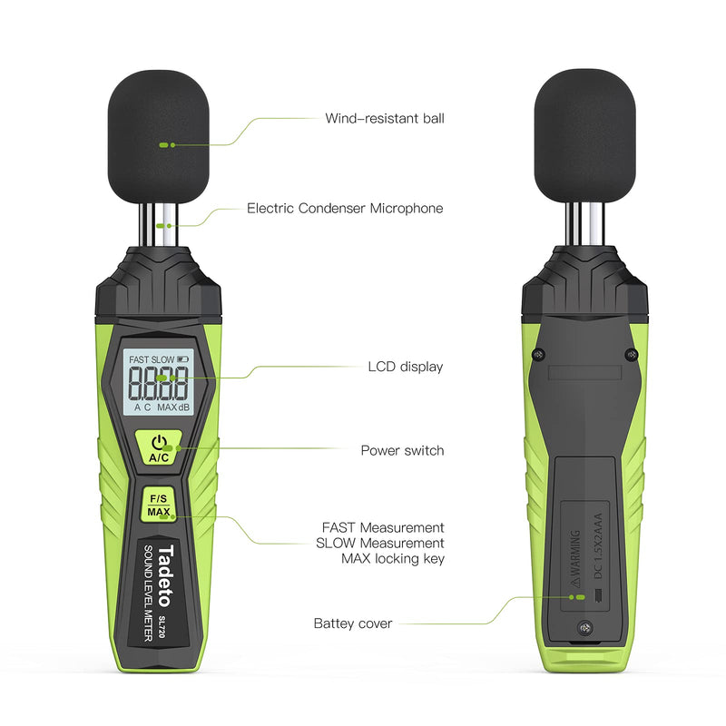 Decibel Meter, Tadeto Digital Portable Sound Level Meter 30 dB to 130 dB with LCD Display A/C Weighted for DIY Shops Green