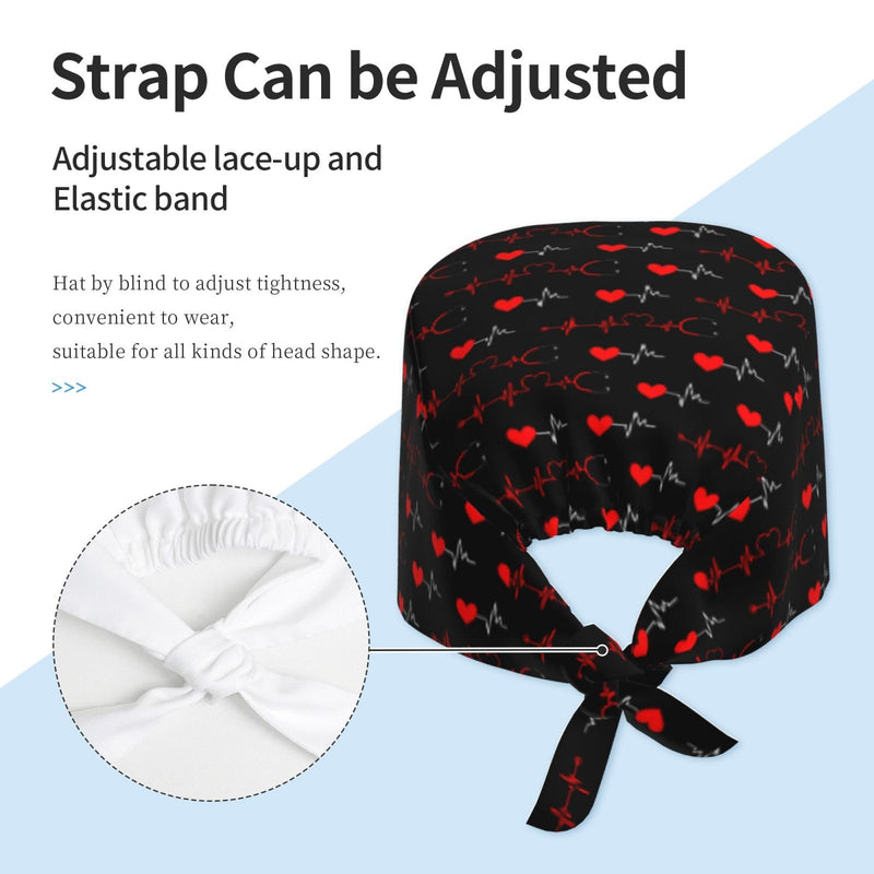 [Australia - AusPower] - Electrocardiogram Heart Bouffant Scrub Caps Nursing Working with Sweatband Adjustable Surgical Hats Stethoscope Heart 