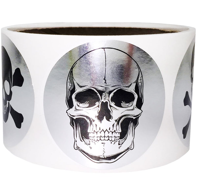 Silver Skull and Crossbones Stickers – 2 Inch Round Labels, 100 Total Adhesive Stickers on a Roll for Crafts, Party Favors, Decorations, and Packaging – Made in the USA