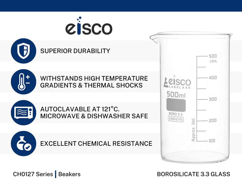 EISCO Beaker, 2000ml - Tall Form with Spout - White, 100ml Graduations - Borosilicate 3.3 Glass