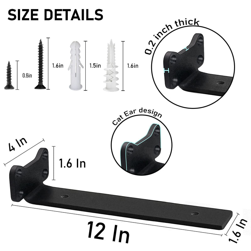 Shelf Brackets Heavy Duty Industrial L Shelf Bracket - 0.2 Inch Thick Premium Solid Steel Shelf Supports, Black Rustic Wall Brackets for Shelves - 12 Inch Floating Shelves Hardware (6 Pack) 12 Inch-6 Pack