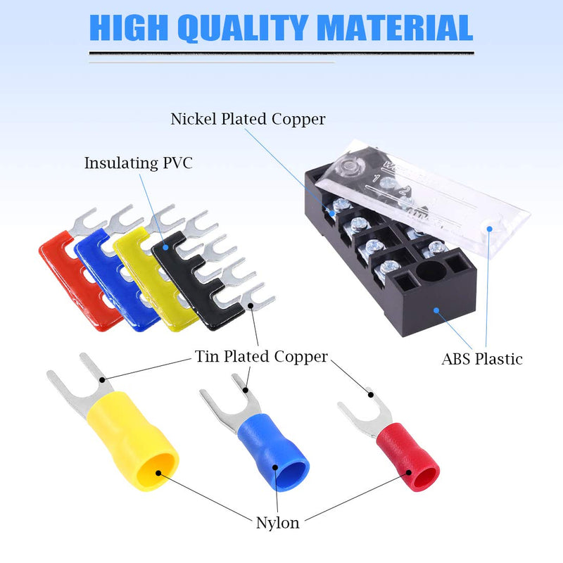 [Australia - AusPower] - Glarks 70Pcs(5Sets) Terminal Block Set, 5Pcs 4 Positions 600V 15A Dual Row Screw Terminals Strip + 5Pcs Pre-Insulated Barrier Strips + 60Pcs Insulated Fork Wire Connector (4P+Fork Connector) 4P+Fork Connector 