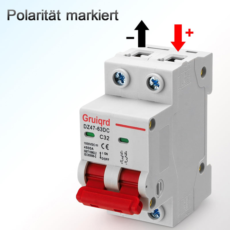 [Australia - AusPower] - Pack of 2 Pv Circuit Breaker DC 1000V 32A 2-Pin DZ47-C32 Solar Circuit Breaker Isolator Circuit Breaker Circuit Breaker for Photovoltaic Systems 
