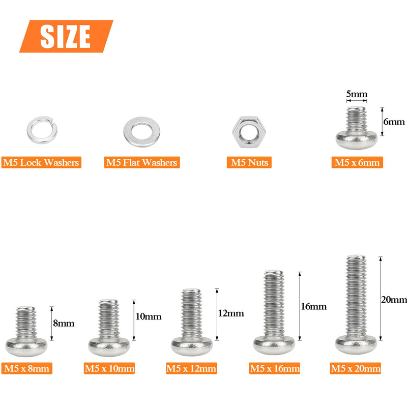 [Australia - AusPower] - 210 Pieces M5 x 6mm /8mm /10mm /12mm /16mm /20mm, Phillips Pan Head Machine Screws, Metric Screws Bolts Washers Nuts Kit, 304 Stainless Steel 
