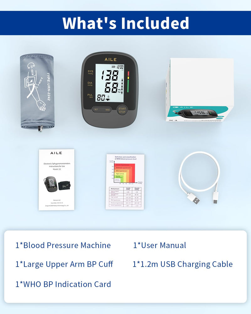 [Australia - AusPower] - Upper Arm Blood Pressure Machine - AILE High Blood Pressure Monitors for Home use with Adjustable Blood Pressure Cuff - Large LCD Screen,Dual Power Option X1 