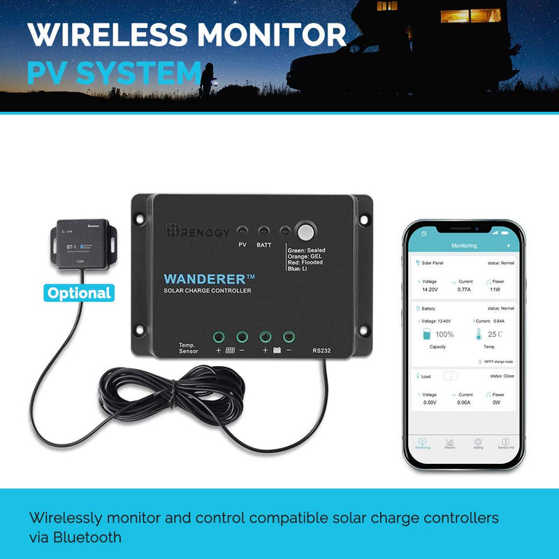 Renogy Wanderer Li 30A 12V PWM Negative Ground Solar Charge Controller Solar Panel Regulator w/ Temp Sensor Function Fit for Lithium, Sealed, Gel, and Flooded Batteries, Wanderer Li 30A 30 Amp Wanderer Li Negative Ground