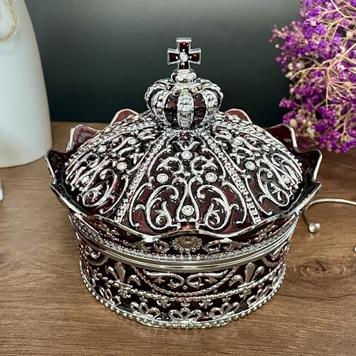 Crown Shape Jewelry Chest, Yurt Style Vintage Metal Gem Box, Round Alloy Retro Patterned Storage Case (Chrome Red, XL) Chrome Red