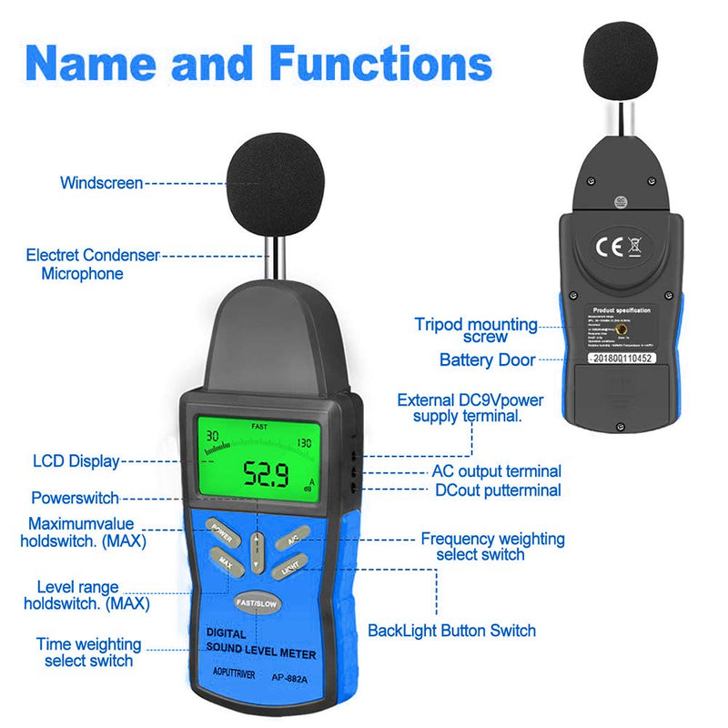[Australia - AusPower] - Decibel Meter, Digital Sound Level Meter AP-882A Sound Monitor Tester Range from 30-130dB, Digital Decibel Meter with LCD Backlight/Max Hold/Sensitivity Adjustment and dBA/C Switch (Battery Included) 882A 