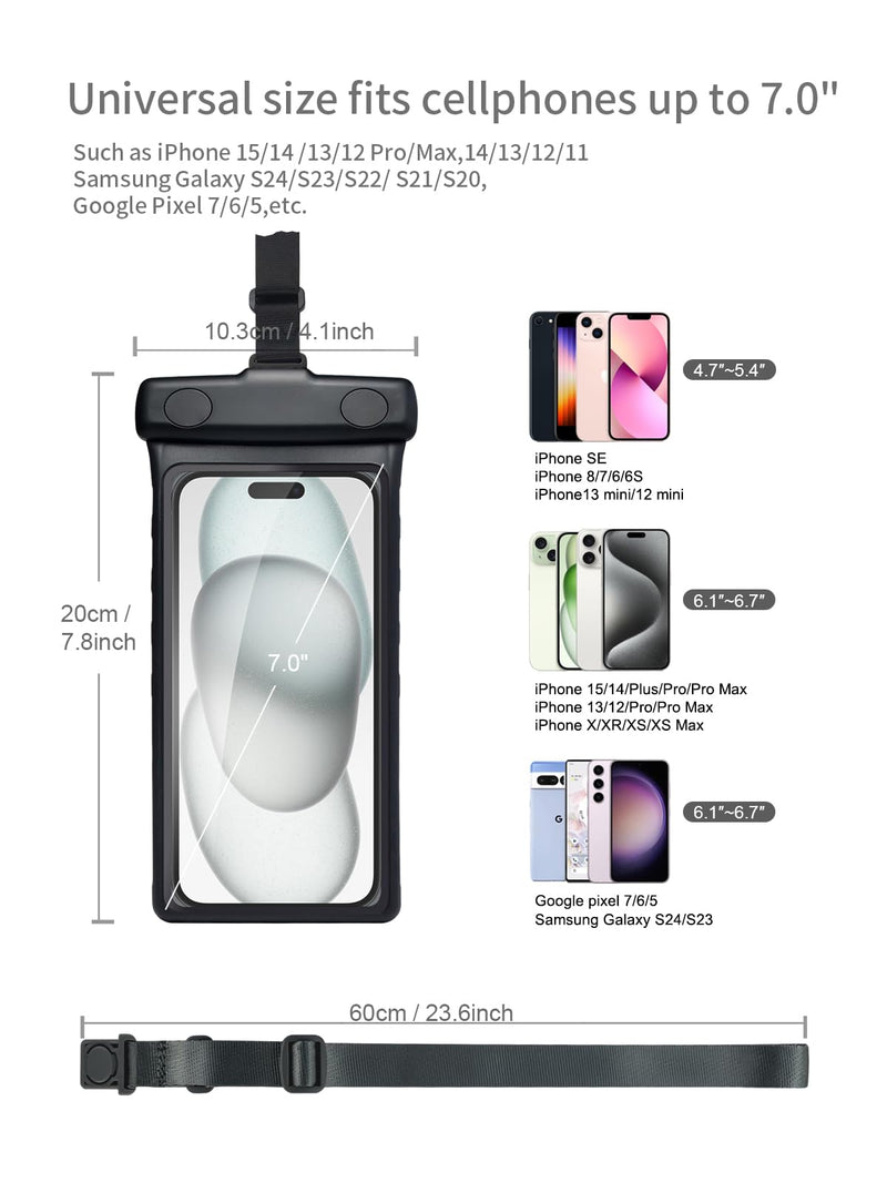 [Australia - AusPower] - wellhouse Waterproof Phone Pouch Case, 3D Stereoscopic 7" Waterproof Cell Phone Dry Bag for iPhone 14 13 12 11 XS XR X Pro Max Plus Mini, S22 S21 Ultra, IPX8 Underwater Phone Protector, Earl Black 1 Pack - Earl Black7.0" 
