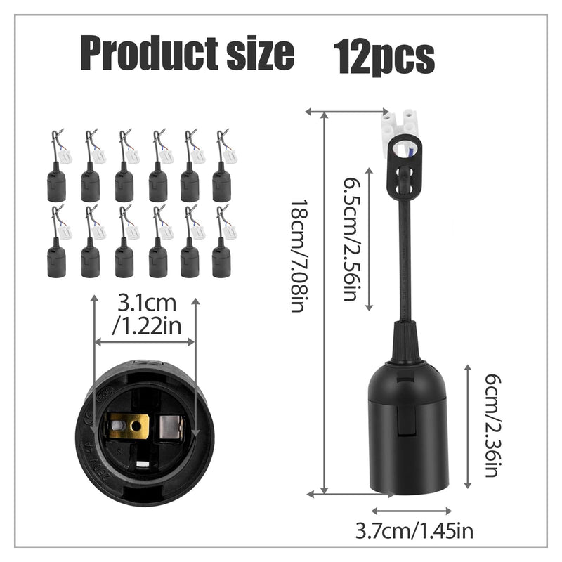 Pack of 12 E27 Construction Sockets Black with Quick Connector and Strain Relief, Construction Socket with Bulb, Lamp Holder E27 for Construction Sites, DIY Projects, and Temporary Lighting