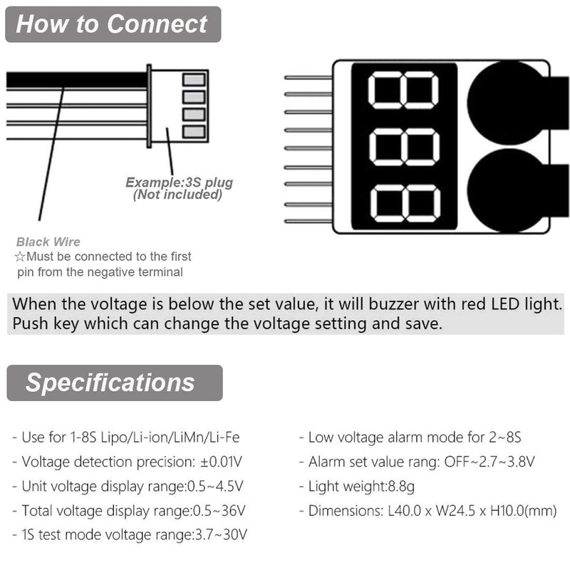 [Australia - AusPower] - 5Packs 2in1 1-8s Lipo Li-ion Battery Voltage Tester Check, Monitor RC Low-Voltage Buzzer Alarm for 1-8s Lipo/Li-ion/LiMn/Li-Fe 