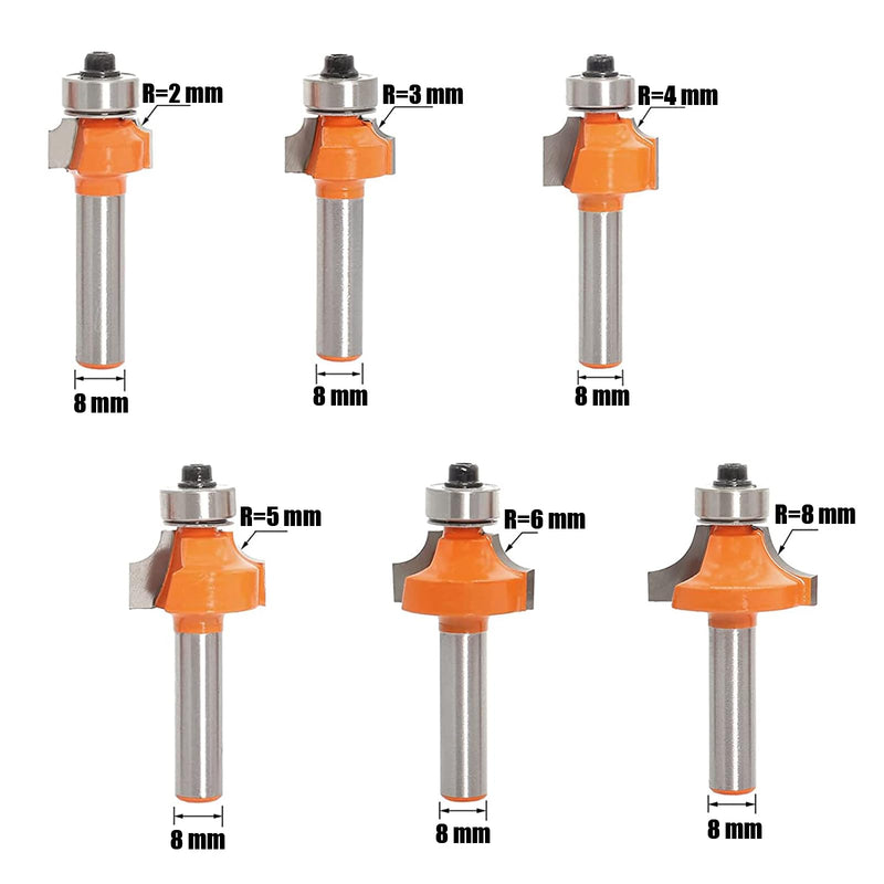 [Australia - AusPower] - AKYLIN Rounding Cutter 8 mm Shank, 6 Pieces Round Over Cutter Bits Radius 2-3-4-5-6-8, Quarter Bar Cutter Edge Cutter Set with Ball Bearings Round Edge Cutter Wood Cutter Tool Woodworking Set 6-tlg Abrundfräser Set 8 mm shaft 