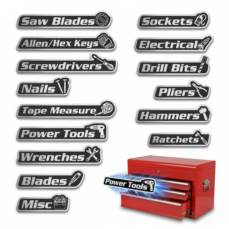 15 Pack Magnetic Toolbox Labels, Tool Box Labels with Magnetic，Toolbox Organizers with Strong Magnet for Steel Toolboxes, Carts, Drawers & Cabinets (Black) Black