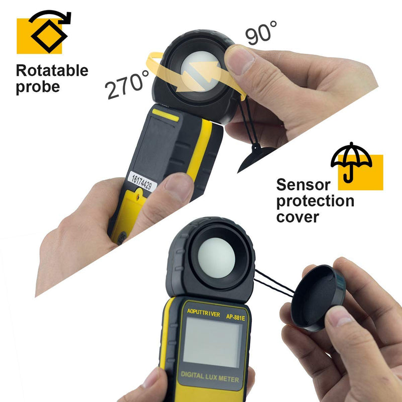 Digital Illuminance Light Meter,0.01~300,000 Measurement Range Lux Meter Foot Candles Luxmeter with 270º Rotated Sensor for Indoor Outdoor Light Meters for Plants (AP-881E) AP-881E(0.01~300,000 Lux)