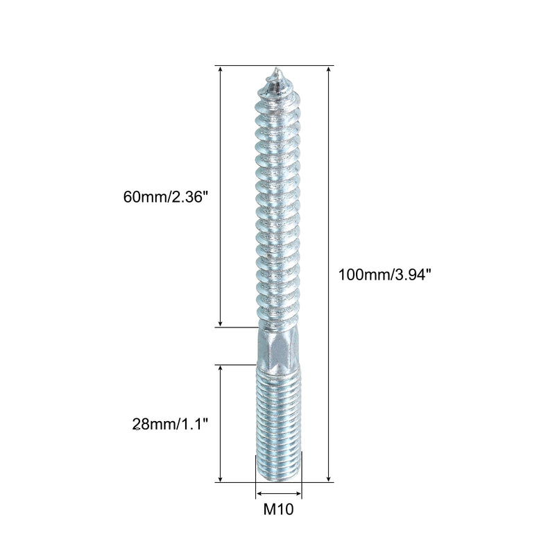 uxcell M10 Hanger Bolts Length 4"(100mm) Double Headed Bolts Self-Tapping Screw 10mm Wood Joint Furniture Legs 24pcs M10x100mm 24