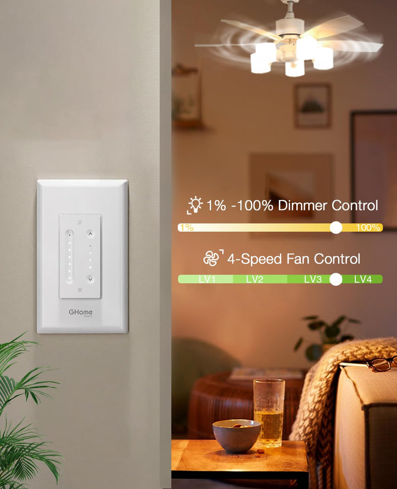 [Australia - AusPower] - GHome Smart Dimmer Switch with 4-Speed Ceiling Fan Control, Ceiling Fan and Light Switch Combo with Dimmer Compatible with Alexa and Google Assistant, 2.4Ghz Only, Single-Pole, UL Certified 1 Pack 