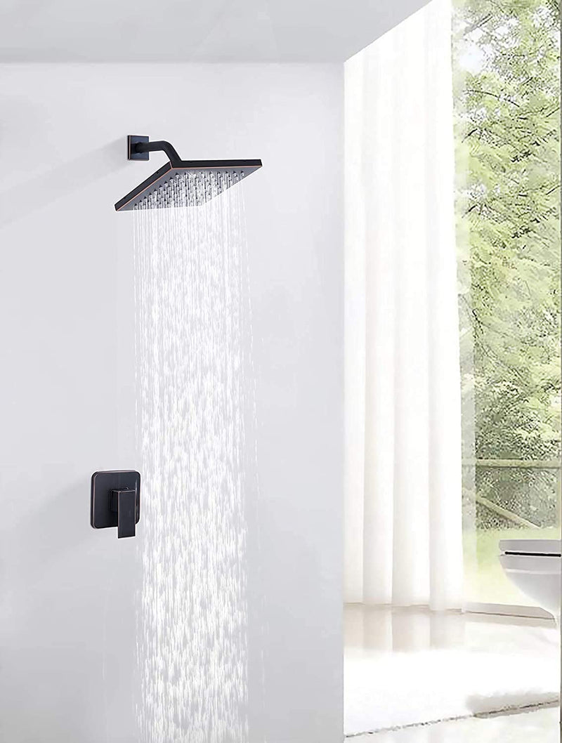 Shower Head GGStudy 8 inch Square Rain Stainless Steel High Pressure Oil Rubbed Bronze Shower Heads Rainfall Bath Shower Self-cleaning Silicone Nozzle 8inch