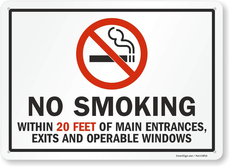 SmartSign Plastic Sign, Legend "No Smoking Within 20 Ft of Main Entrances" with Graphic, 10" high x 14" wide, Black/Red on White 10" x 14"