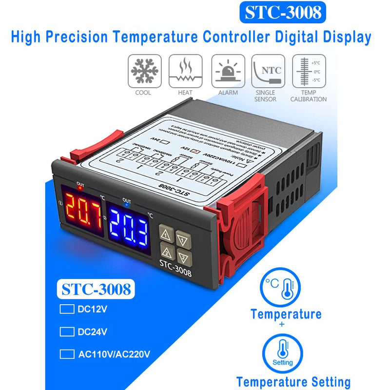 [Australia - AusPower] - Temperature Thermostat Controller, -3008 Digital Display Probe Sensor for Farm Various Refrigerator Greenhouse Aquarium(110-220V) 