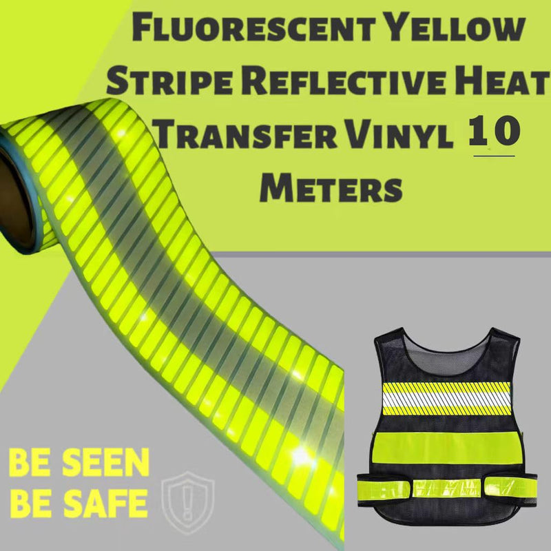 JINBING Reflective Heat Transfer Vinyl Stripes Fluorescent Yellow with Silver Reflective Strip Elastic Iron On Tape for Clothing 2 inch x 33feet