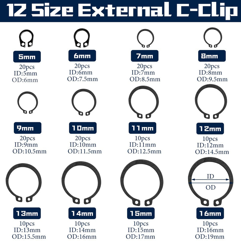 [Australia - AusPower] - 360PCS 24 Sizes E-Clips Assortment Set(2mm-12mm) and Alloy Steel External Retaining Rings,Snap Retaining Clip Ring Kit,C Clips Assortment (M5-M16) 