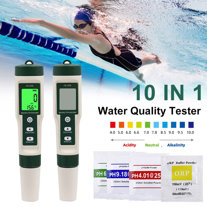 [Australia - AusPower] - 10 in 1 Water Quality Tester PH/TDS/Salt/SG/ORP/EC/Hydrogen/Resistivity/Temp/Nutrient Multifunction Testing Pen for Pool Aquarium Green 