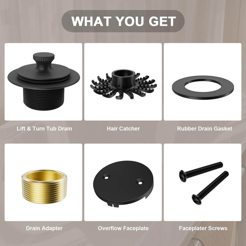 Tub Drain Stopper Bathtub Drain, Hair Catcher and Two-Hole Overflow Faceplate,11.5/16 UNC Bathtub Drain, Premium Brass Lift and Turn Twist Tub Drains Replacement Trim Kit,Tub Stopper, Matte Black