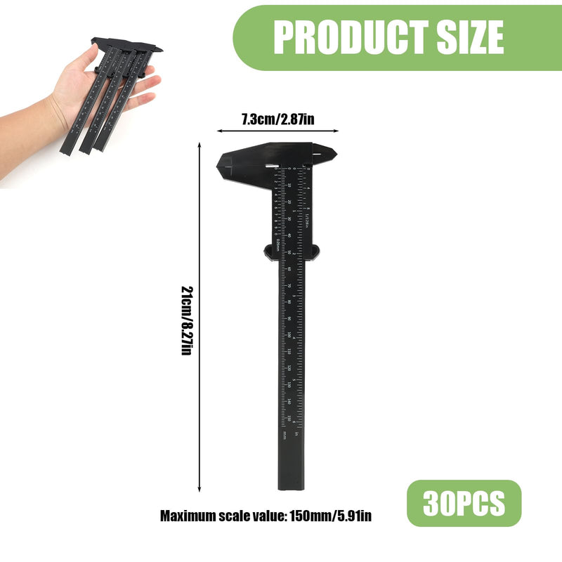 [Australia - AusPower] - 30 Pack Plastic Vernier Caliper, 150mm Eyebrow Measuring Tool, Mini Sliding Ruler Caliper Gauge for Students DIY Crafts School Office Tattoo Eyebrow Artists Use (Black, 0-6"/0-150mm) 