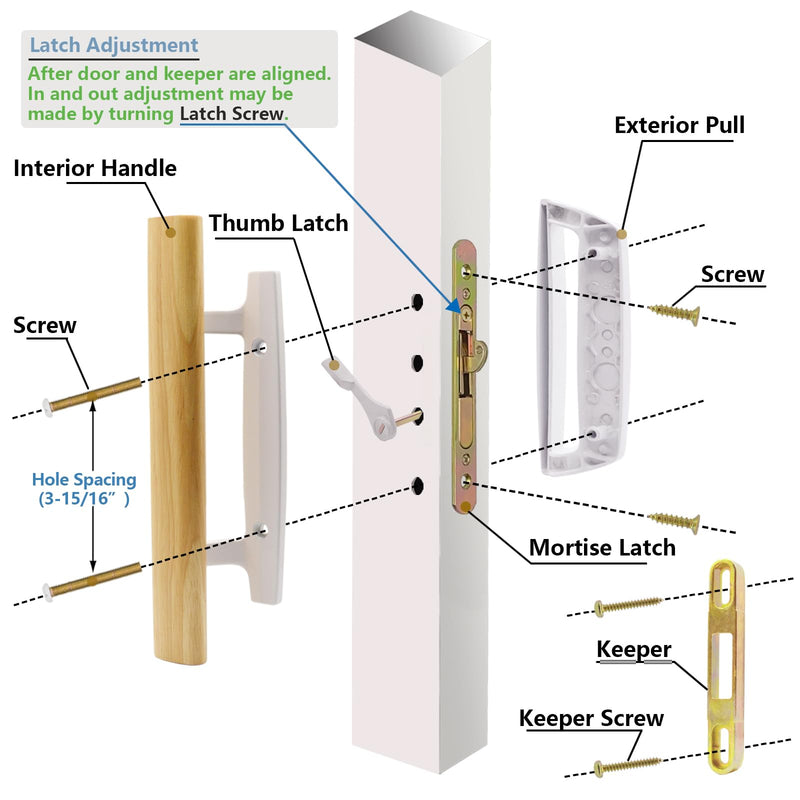 Patio Sliding Glass Door Handle with Mortise Lock 45° Keyway, Non-keyed Oak Wood Inside Handles and Zinc Diecast Outside Pull, 3-15/16" H.C., Non-Handed, White White Handles + Mortise Lock