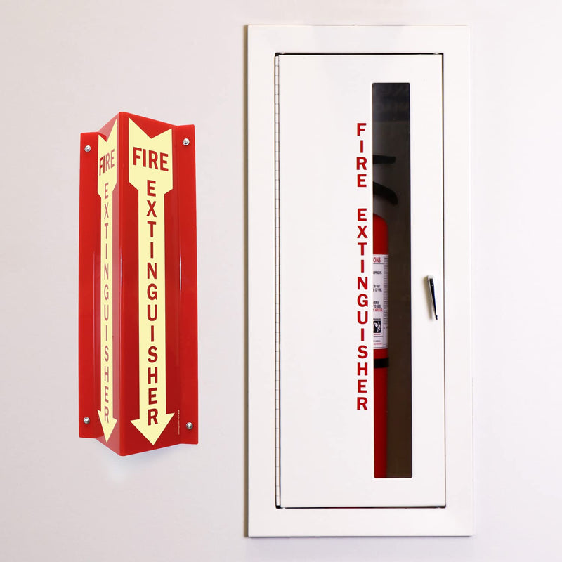 SmartSign "Fire Extinguisher" Two-Sided V-Shaped Projecting Sign with Down Arrow, 18 x 4 inch, 120 mil Thick Glow-In-The-Dark Polished Acrylic, Photoluminescent #2. Glow-in-the-Dark Red Acrylic