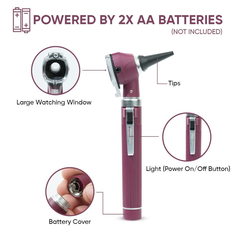 [Australia - AusPower] - Otoscope with Light, Fibre Optic Ear Scope for Kids & Adults, 3X Zoom Magnifying Glass, LED Ear Infection Checker with 10 Disposable Specula, Nylon Case, 6 Colors Medical Grade(Maroon Color) Burgundy/Maroon 