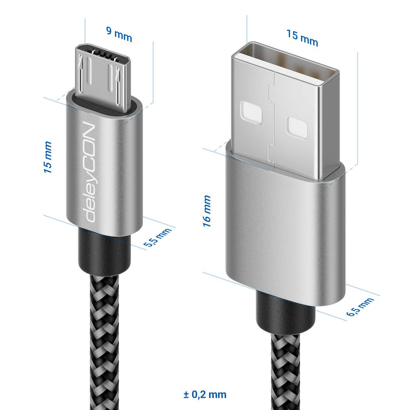 deleyCON 1 m Nylon Micro USB Cable Charging Data Cable | Metal plug, charging and synchronizing for mobile phones, smartphones and tablets