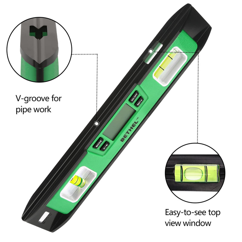 [Australia - AusPower] - BETHEL Digital Torpedo Level -10 Inch IP54 Digital Magnetized Level Protected Electronic Bubble Inclinometer/Angle Finder/LED Display & V-Groove Base (10 Inch, Green) 