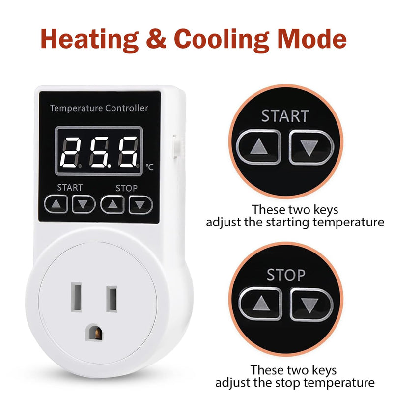 [Australia - AusPower] - Digital Thermostat Plug Socket, LCD Screen Temperature Controller US Plug with Water Proof Sensor Probe, Heating Cooling Temperature Switch Outlet for Reptile Greenhouse Terrarium Home 