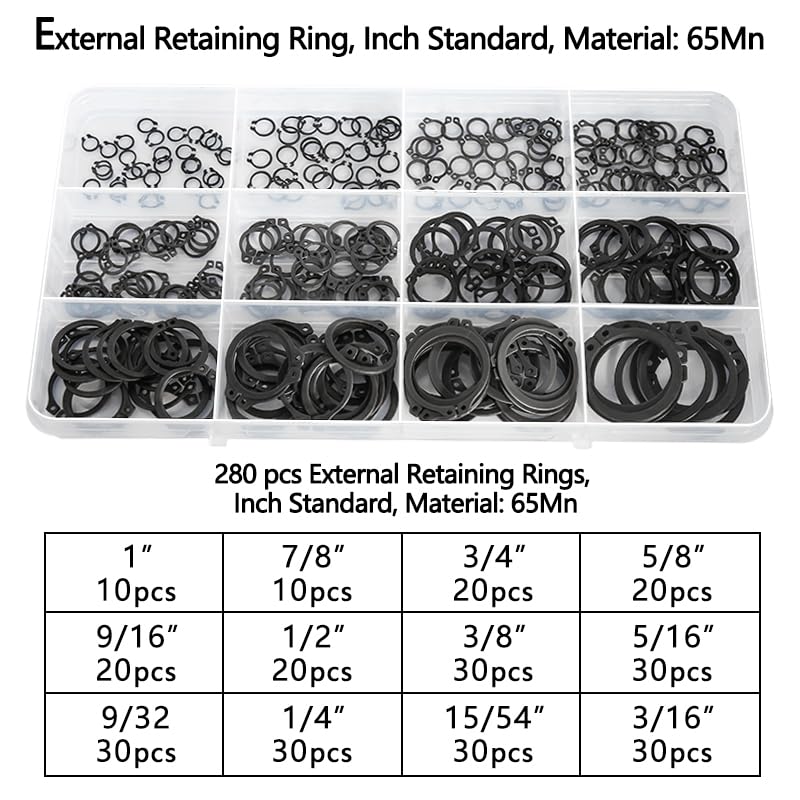 LUEEN external shaft retaining ring assortment kit with black carbon steel circlips and storage case